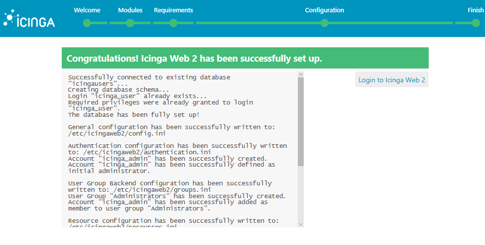 Icinga Successfully Set up - “Login to Icinga Web 2” button