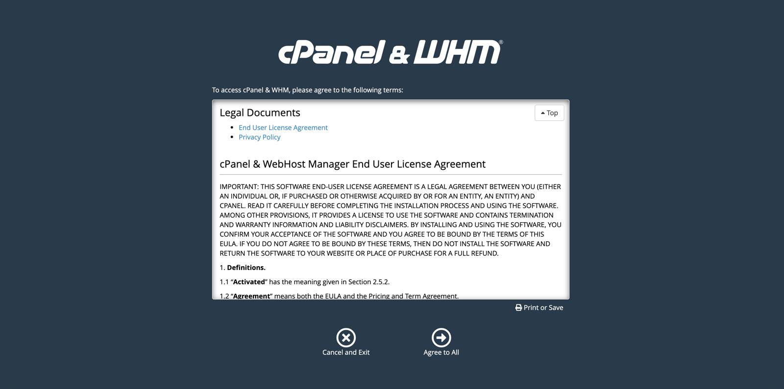 Agree to cPanel and WHM’s terms